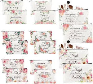 16PCS Canvas Cosmetic Bag Bulk Inspirational Quotes Makeup Bags Encouragement Travel Pouch Zipper Cosmetic Pouch Appreciation Gift for Women Teacher Friend Birthday Graduation(Flower)