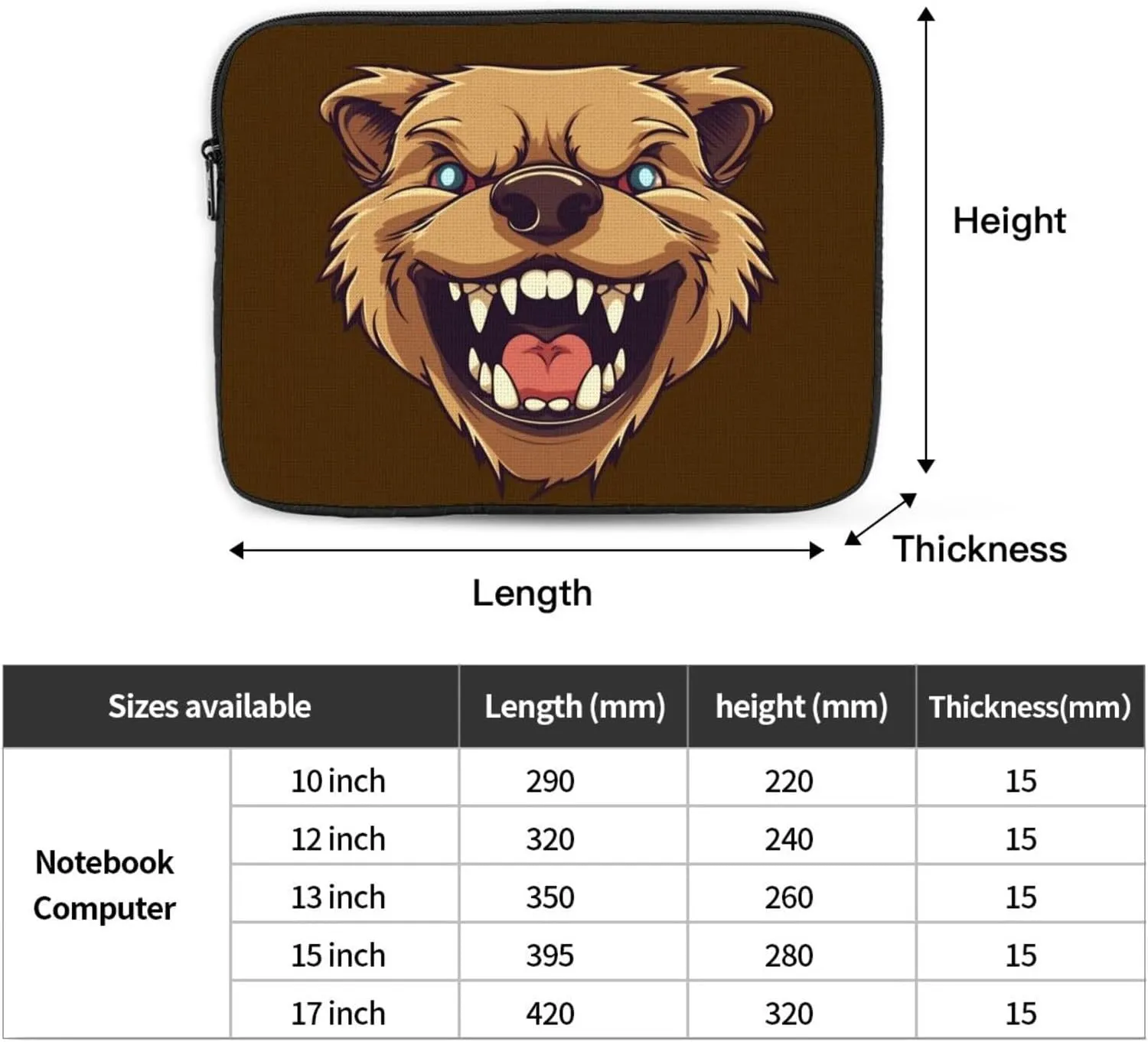 17 inch Laptop Sleeve Bag Bear showing teeth Laptop Bag Shockproof Computer Carrying Cover Slim Briefcase Handbag