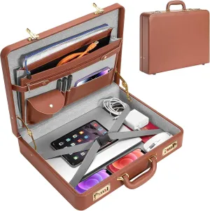 17.5x13.5x3.5 Inch Briefcases for Men - Vintage Hard Case Attache with Dual Combination Lock - PU Leather Locking Brief Case, Partitioned Storage for Laptop Document Phone Passport, Brown