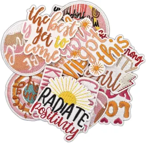 17Pcs Positive Affirmations Iron on Patches，Bohemian Style Motivational Phrases Embroidered Sew on Applique for Bags Clothes Jackets