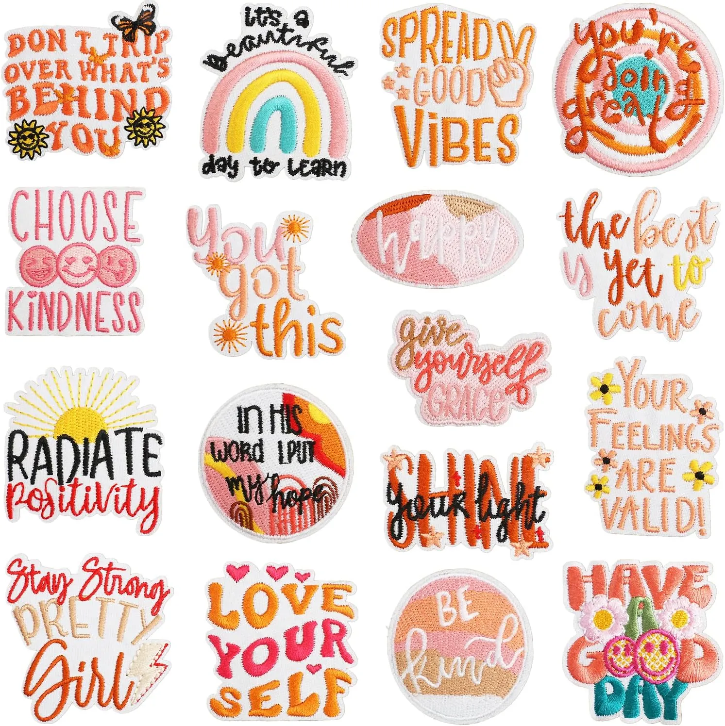 17Pcs Positive Affirmations Iron on Patches，Bohemian Style Motivational Phrases Embroidered Sew on Applique for Bags Clothes Jackets
