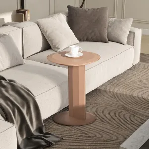 18" Leather C Shaped End Table - Round Pedestal, Saddle Brown Faux Leather Drink Table for Sofa, Couch, Chair, Living Room, Bedroom
