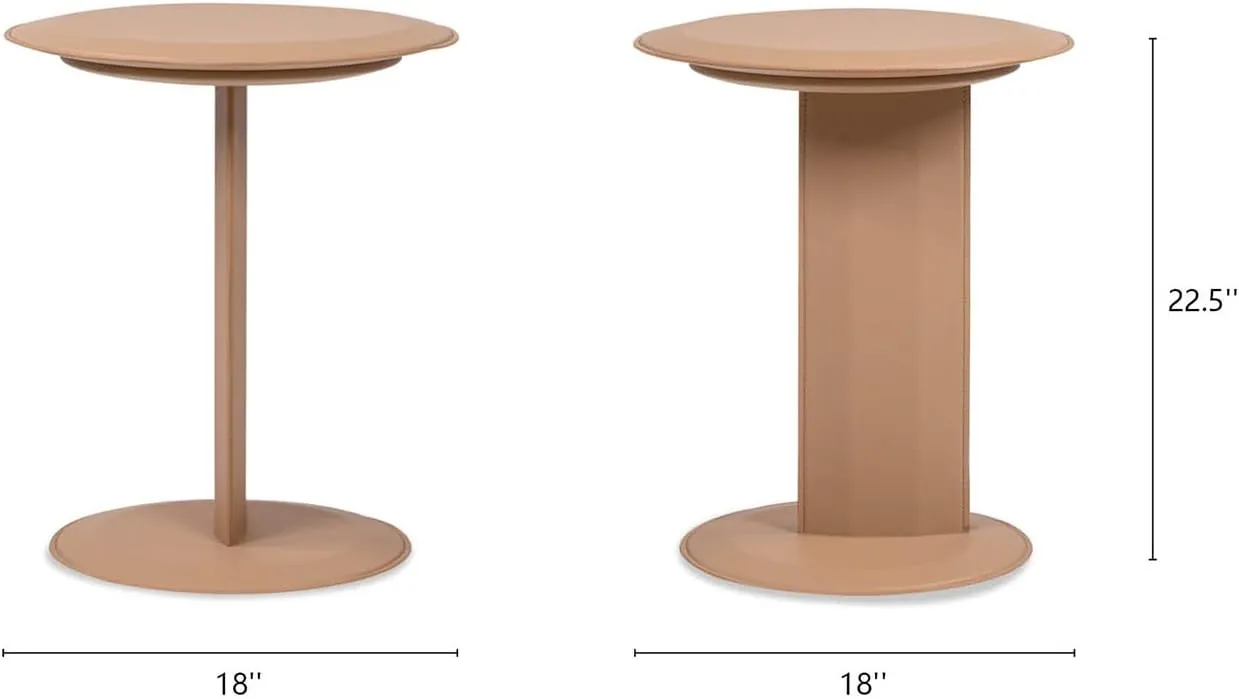 18" Leather C Shaped End Table - Round Pedestal, Saddle Brown Faux Leather Drink Table for Sofa, Couch, Chair, Living Room, Bedroom