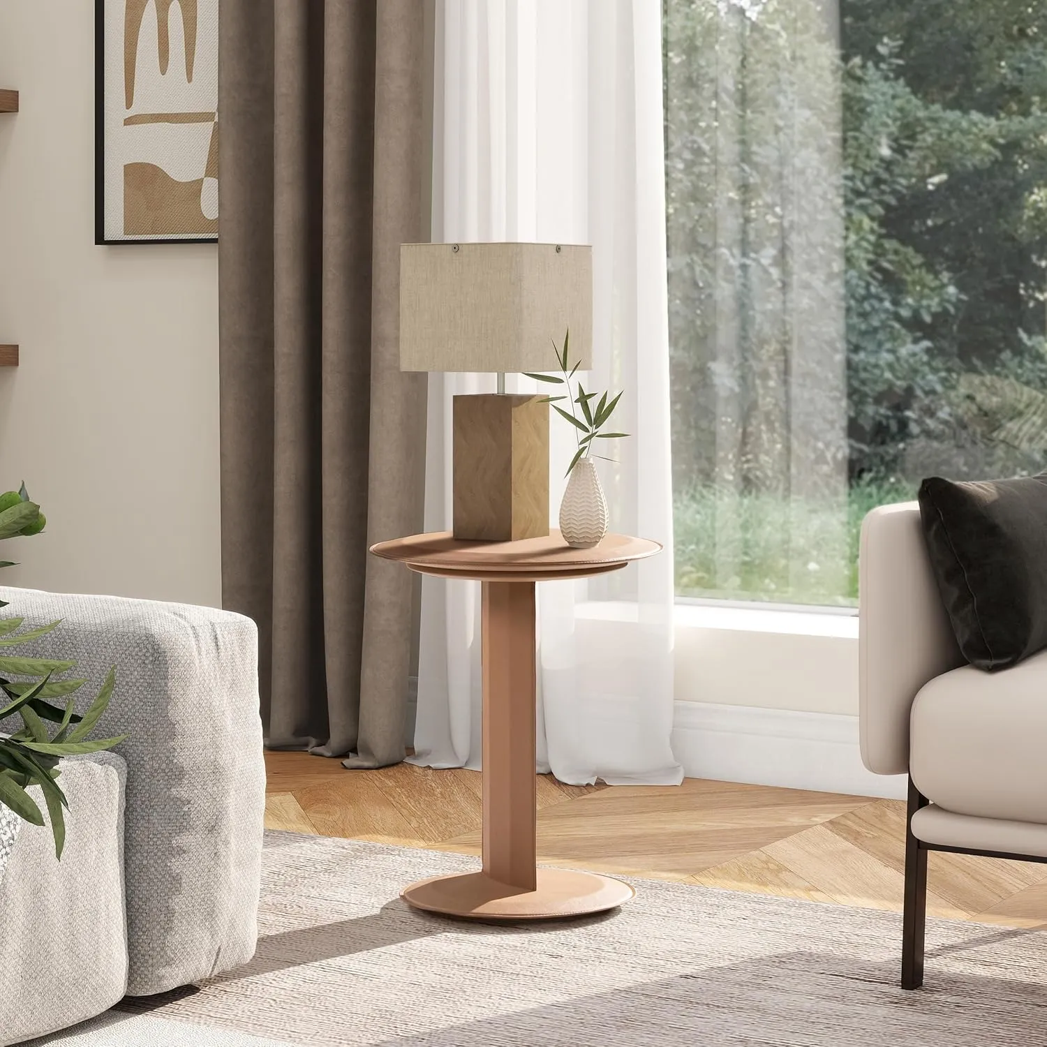 18" Leather C Shaped End Table - Round Pedestal, Saddle Brown Faux Leather Drink Table for Sofa, Couch, Chair, Living Room, Bedroom