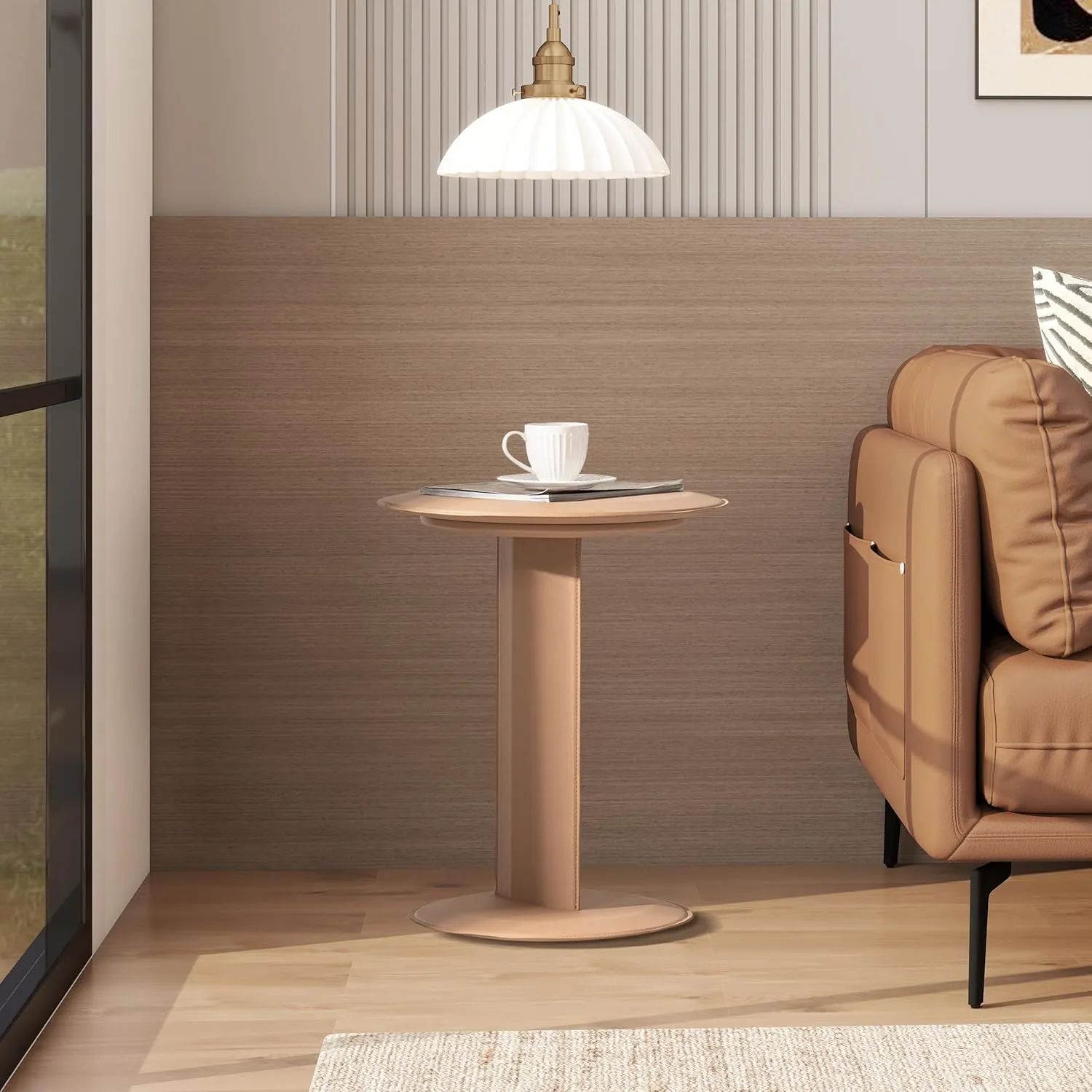 18" Leather C Shaped End Table - Round Pedestal, Saddle Brown Faux Leather Drink Table for Sofa, Couch, Chair, Living Room, Bedroom