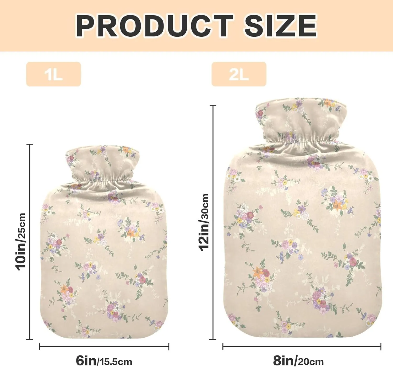 1L Large Classic Hot Water Bottle with Cover, Floral Blossom Beige Transparent Hot Water Bags for Bed Hand Feet Warmer, Menstrual Cramps, Neck and Shoulder Pain Relief
