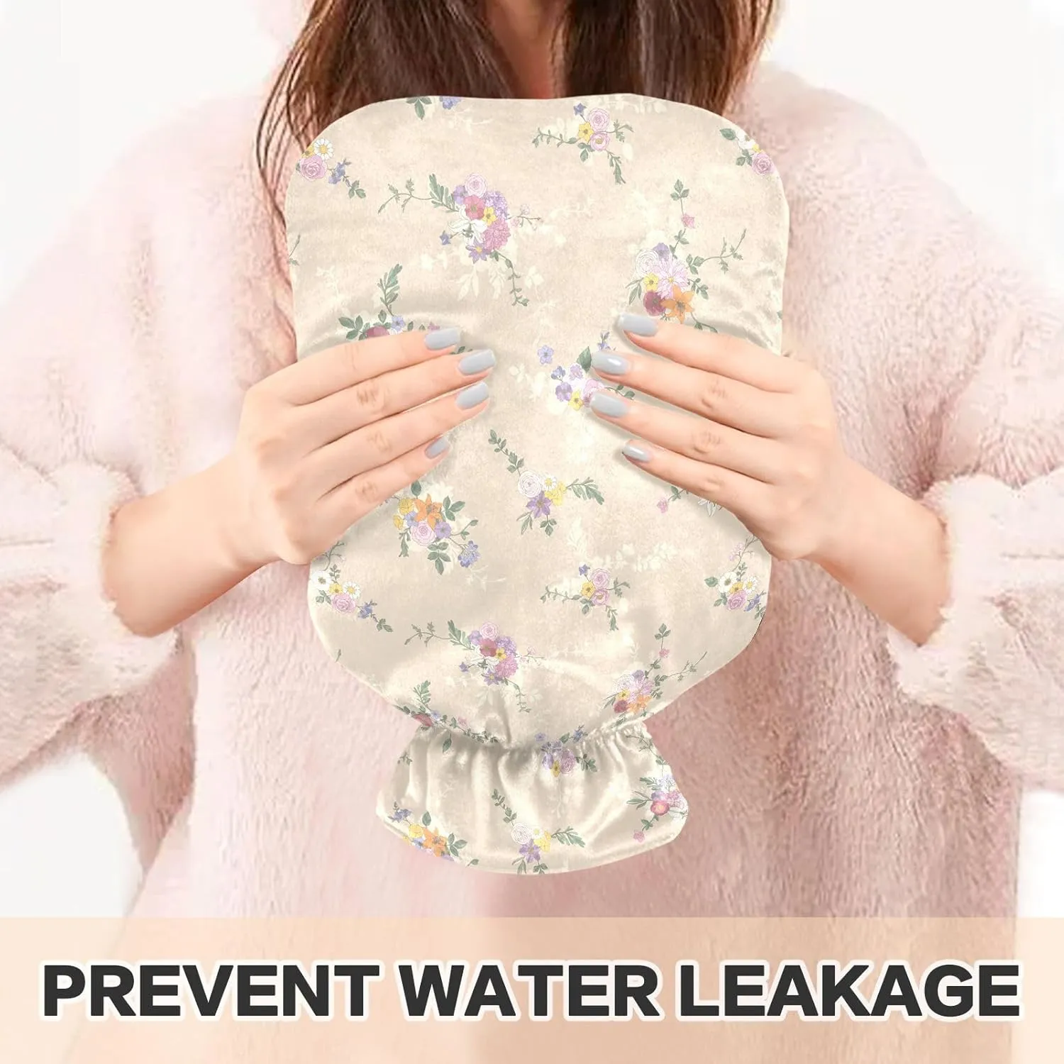 1L Large Classic Hot Water Bottle with Cover, Floral Blossom Beige Transparent Hot Water Bags for Bed Hand Feet Warmer, Menstrual Cramps, Neck and Shoulder Pain Relief