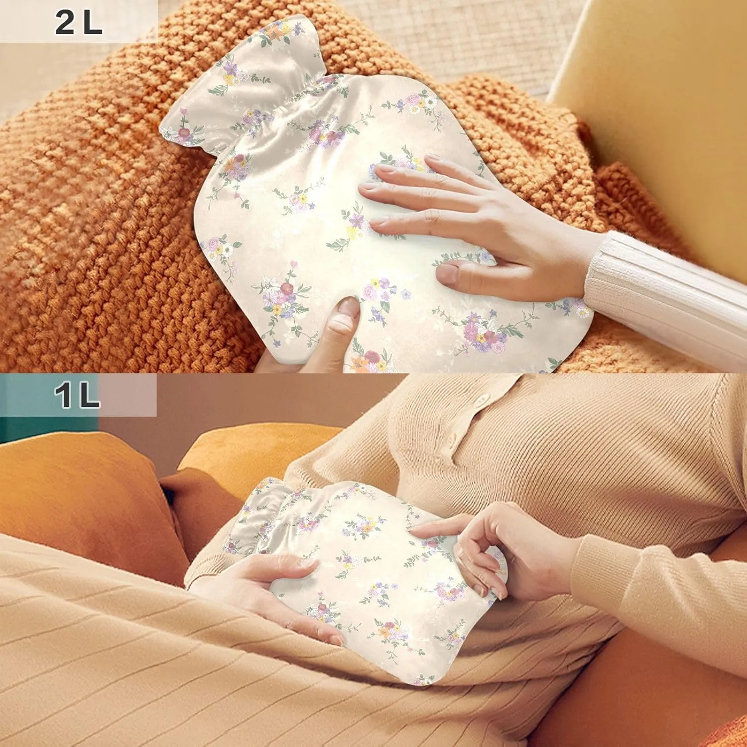 1L Large Classic Hot Water Bottle with Cover, Floral Blossom Beige Transparent Hot Water Bags for Bed Hand Feet Warmer, Menstrual Cramps, Neck and Shoulder Pain Relief