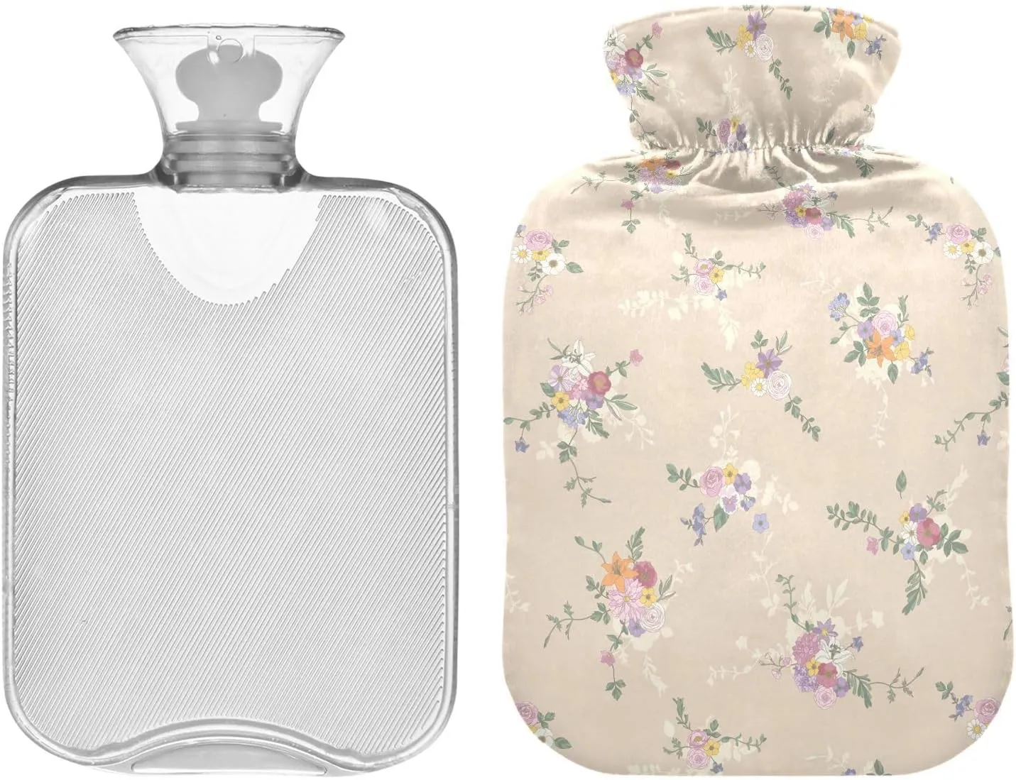 1L Large Classic Hot Water Bottle with Cover, Floral Blossom Beige Transparent Hot Water Bags for Bed Hand Feet Warmer, Menstrual Cramps, Neck and Shoulder Pain Relief