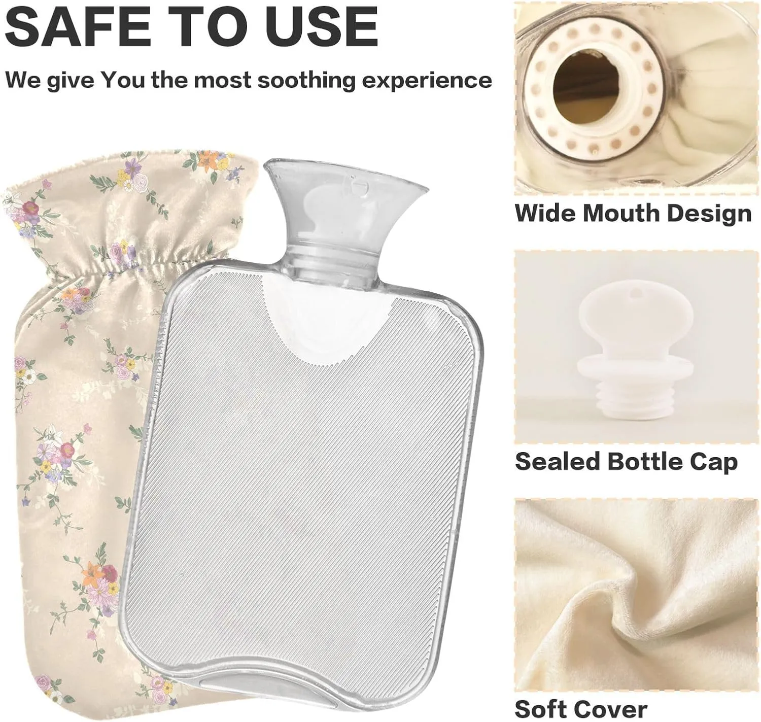1L Large Classic Hot Water Bottle with Cover, Floral Blossom Beige Transparent Hot Water Bags for Bed Hand Feet Warmer, Menstrual Cramps, Neck and Shoulder Pain Relief