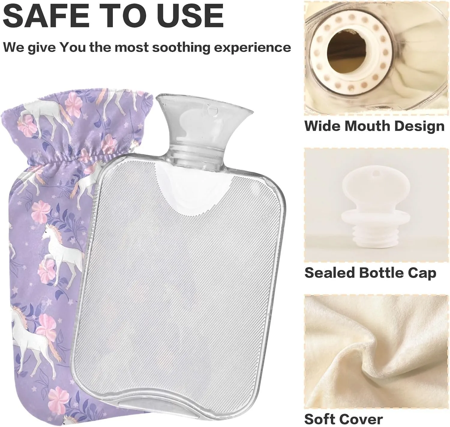 1L Large Classic Hot Water Bottle with Cover, Unicorn Purple Transparent Hot Water Bags for Hand Feet Warmer, Menstrual Cramps, Neck, Shoulder, Back Pain Relief