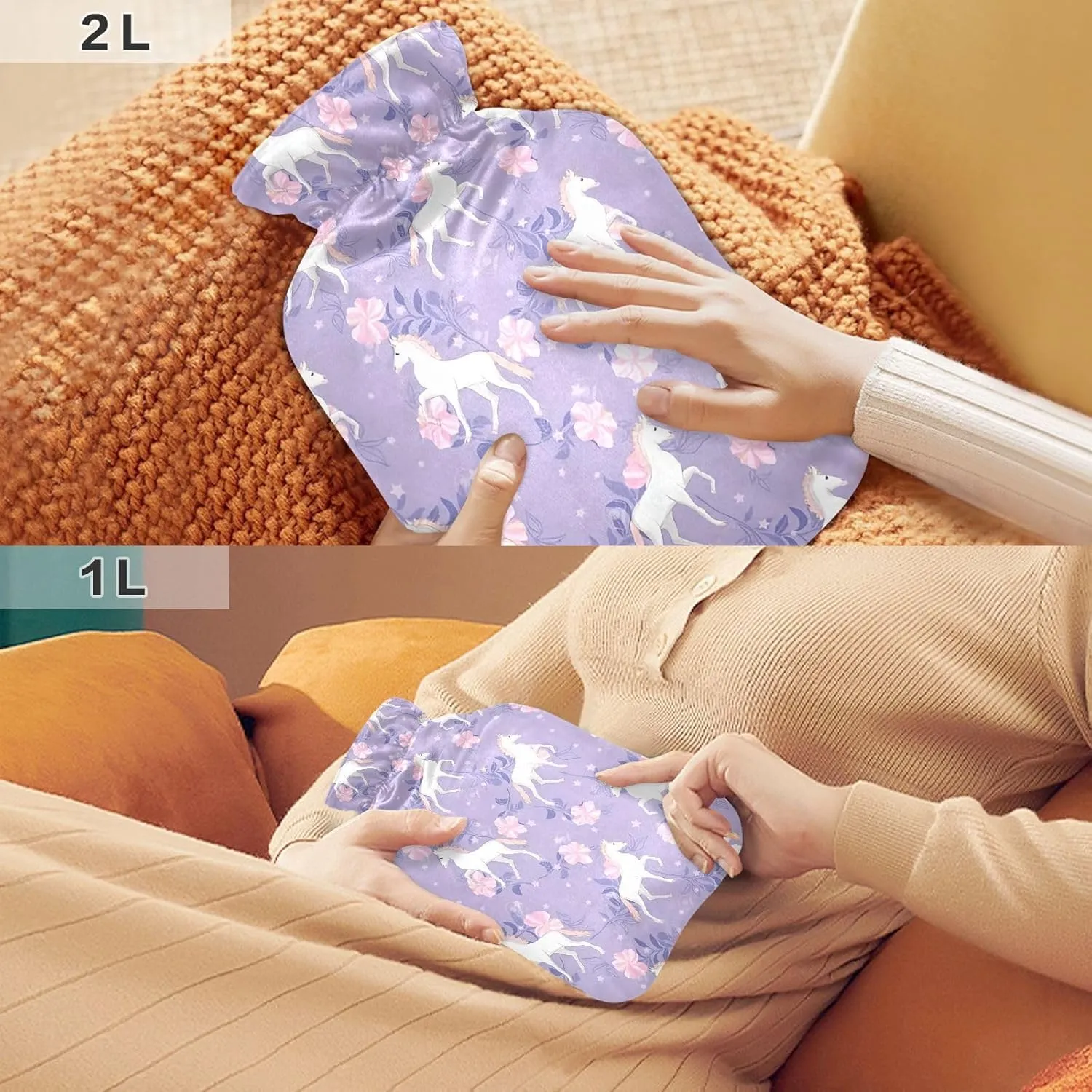 1L Large Classic Hot Water Bottle with Cover, Unicorn Purple Transparent Hot Water Bags for Hand Feet Warmer, Menstrual Cramps, Neck, Shoulder, Back Pain Relief