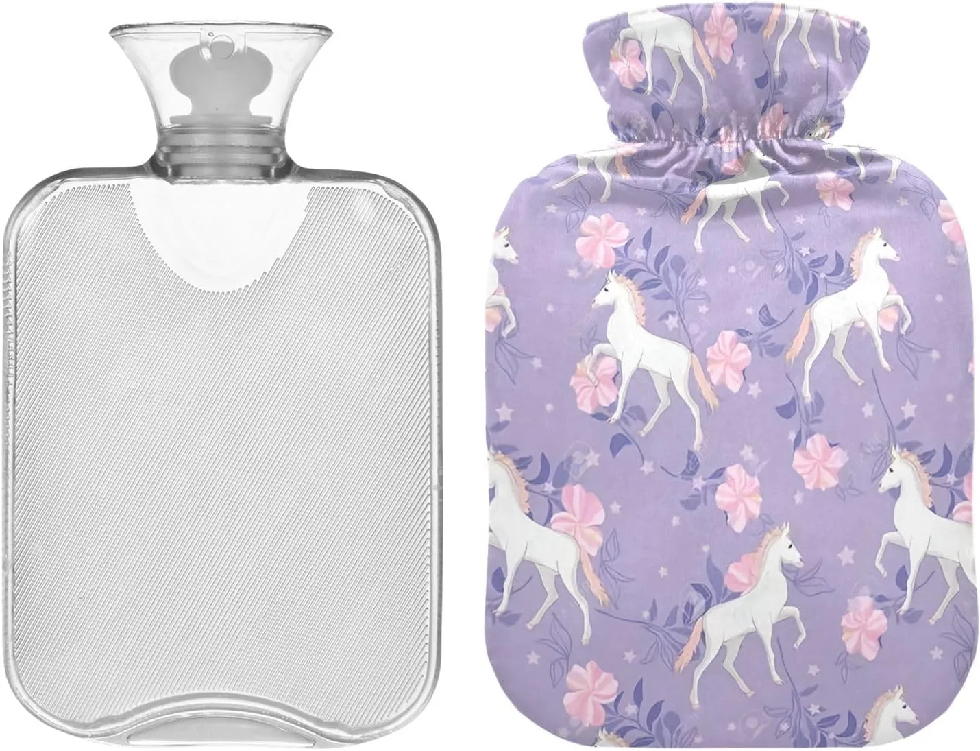 1L Large Classic Hot Water Bottle with Cover, Unicorn Purple Transparent Hot Water Bags for Hand Feet Warmer, Menstrual Cramps, Neck, Shoulder, Back Pain Relief