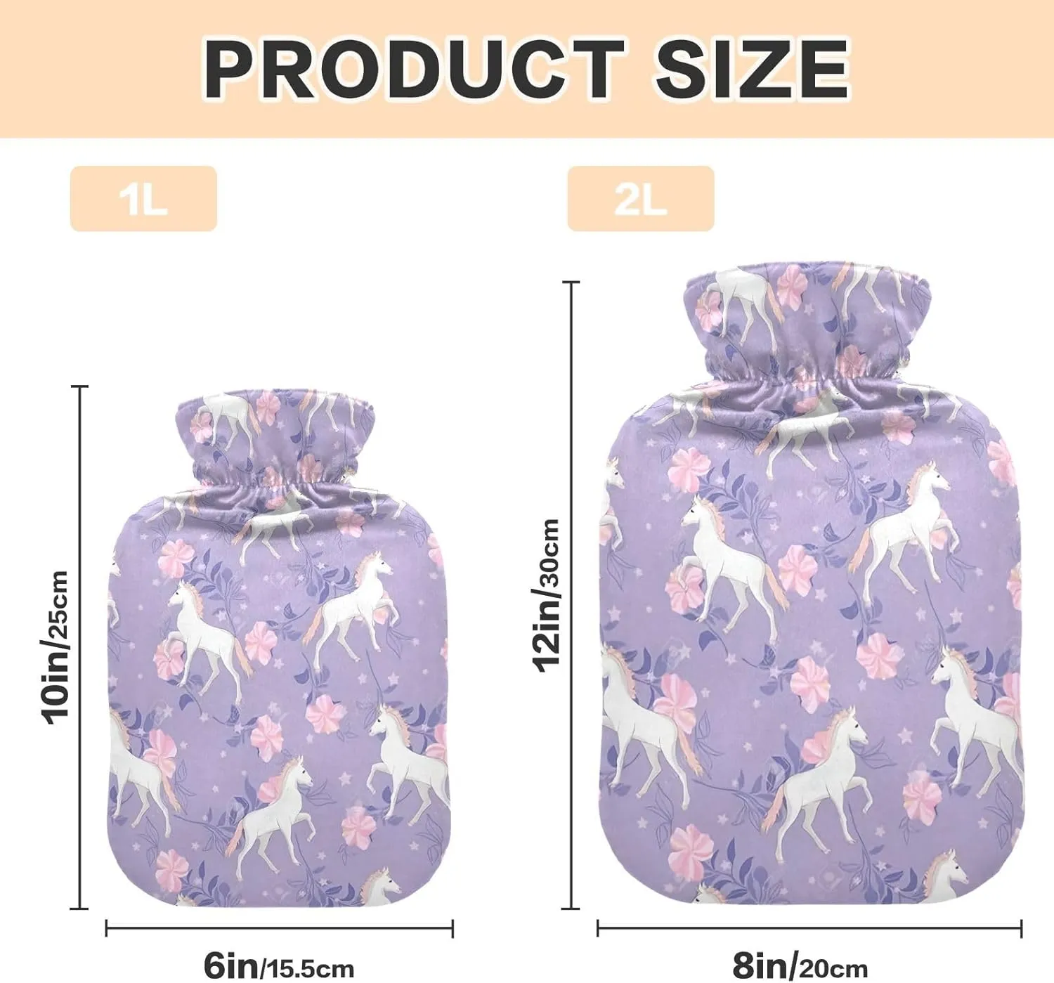 1L Large Classic Hot Water Bottle with Cover, Unicorn Purple Transparent Hot Water Bags for Hand Feet Warmer, Menstrual Cramps, Neck, Shoulder, Back Pain Relief