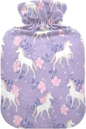 1L Large Classic Hot Water Bottle with Cover, Unicorn Purple Transparent Hot Water Bags for Hand Feet Warmer, Menstrual Cramps, Neck, Shoulder, Back Pain Relief