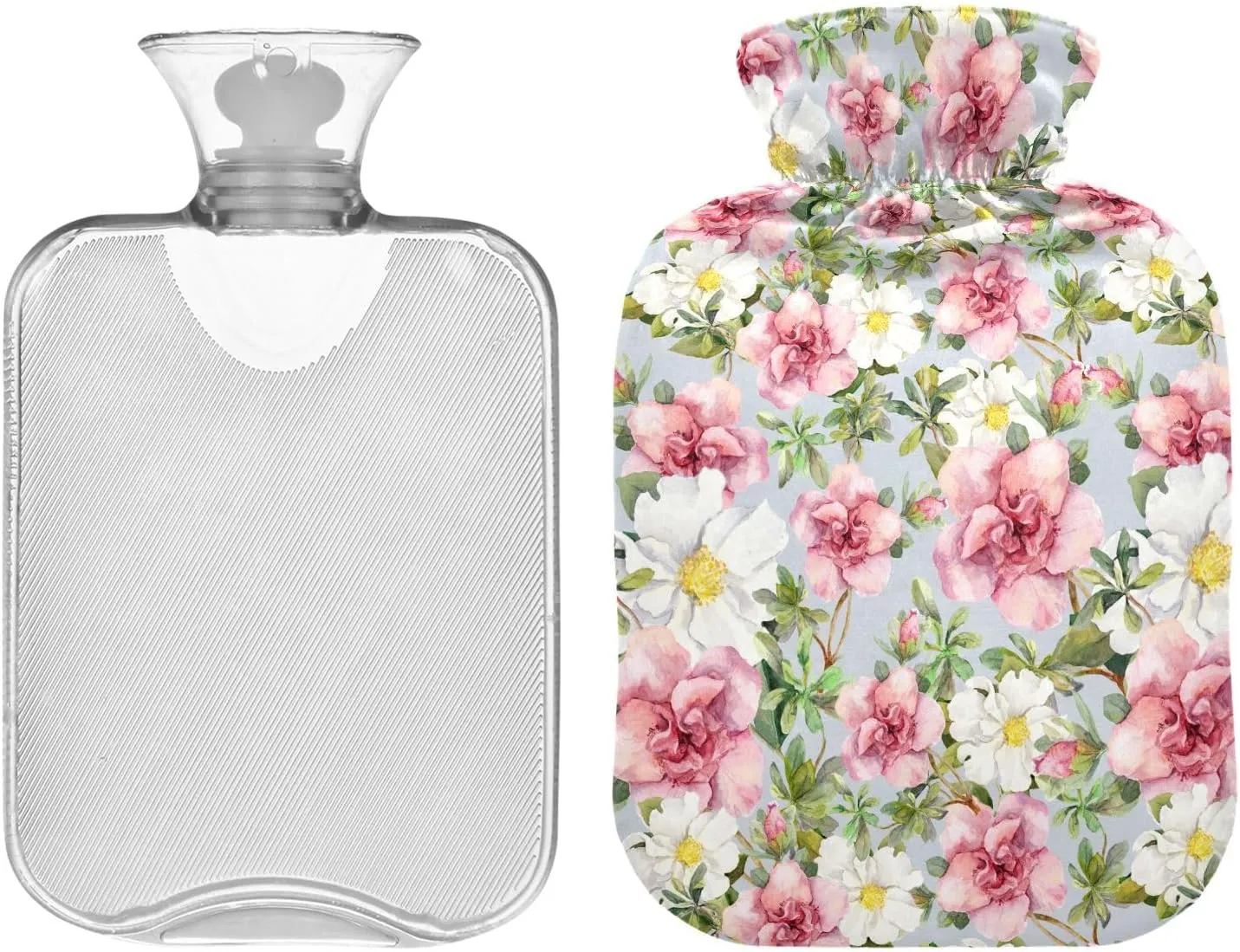 1L Large Hot Water Bottle with Soft Cover, Flowers Grey Reusable Hot Water Bag for Hot and Cold Compress, Tummy Cramps Neck and Shoulder Waist Pain Relief