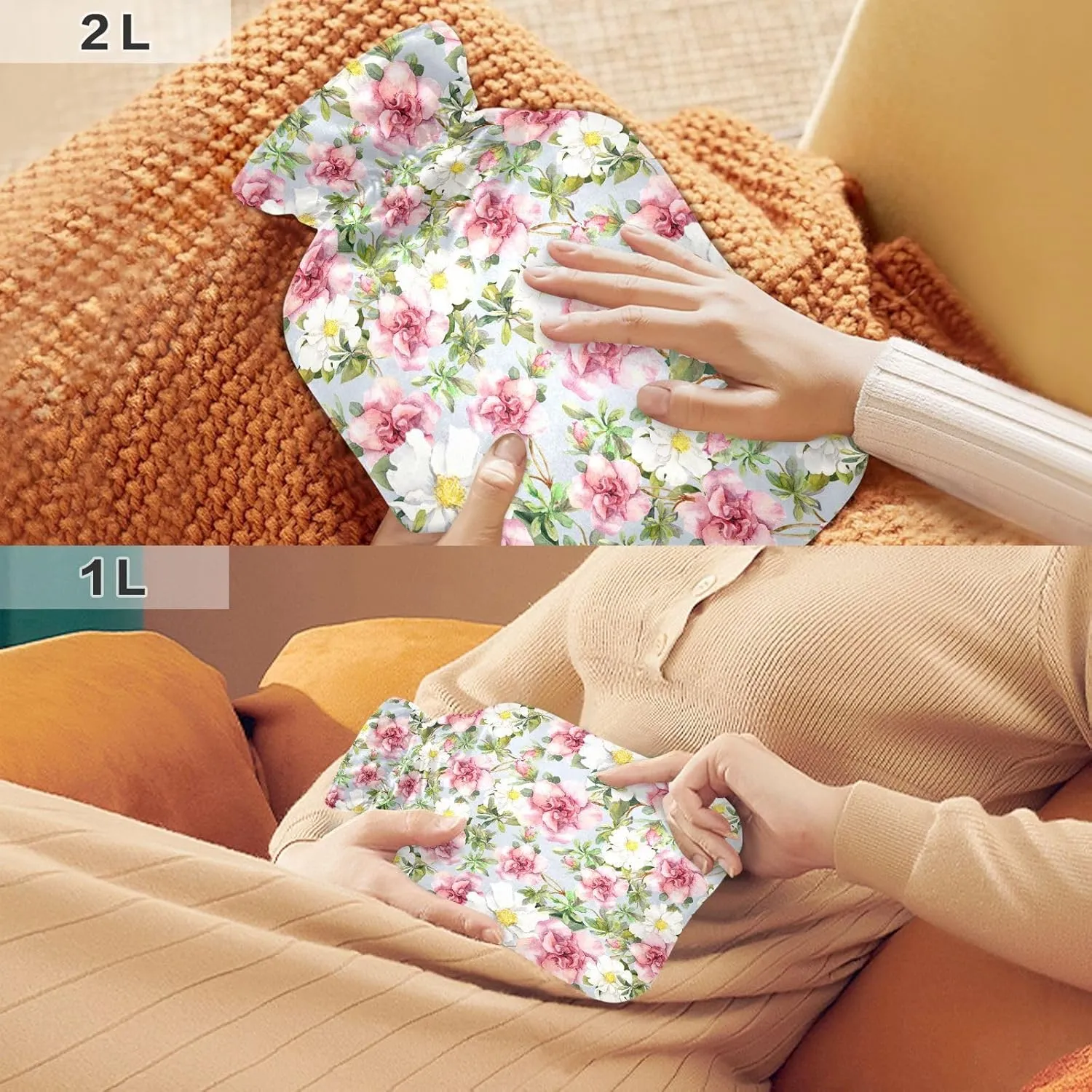 1L Large Hot Water Bottle with Soft Cover, Flowers Grey Reusable Hot Water Bag for Hot and Cold Compress, Tummy Cramps Neck and Shoulder Waist Pain Relief