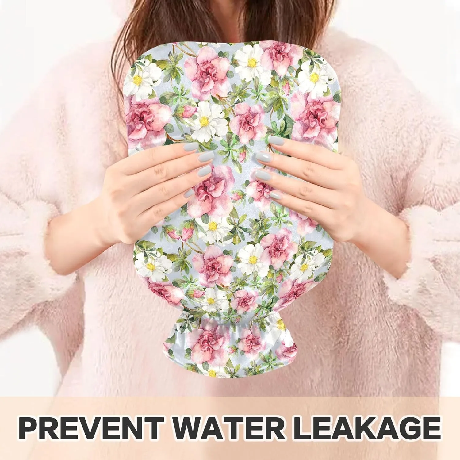 1L Large Hot Water Bottle with Soft Cover, Flowers Grey Reusable Hot Water Bag for Hot and Cold Compress, Tummy Cramps Neck and Shoulder Waist Pain Relief