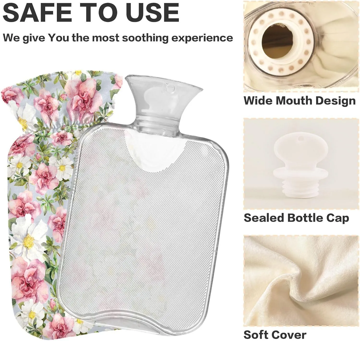 1L Large Hot Water Bottle with Soft Cover, Flowers Grey Reusable Hot Water Bag for Hot and Cold Compress, Tummy Cramps Neck and Shoulder Waist Pain Relief
