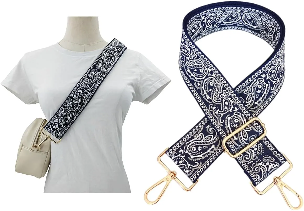 1pc Adjustable Strap Replacement 2inch Wide Paisley Jacquard Belt for Crossbody Purse Handbag Shoulder Guitar Camera Bag (Navy)