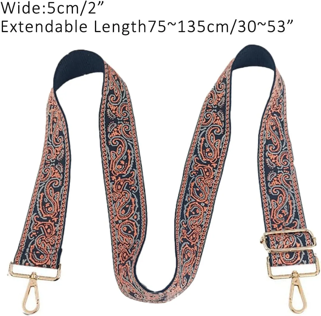 1pc Adjustable Strap Replacement 2inch Wide Paisley Jacquard Belt for Crossbody Purse Handbag Shoulder Guitar Camera Bag (Navy)
