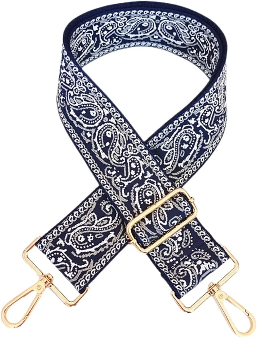 1pc Adjustable Strap Replacement 2inch Wide Paisley Jacquard Belt for Crossbody Purse Handbag Shoulder Guitar Camera Bag (Navy)