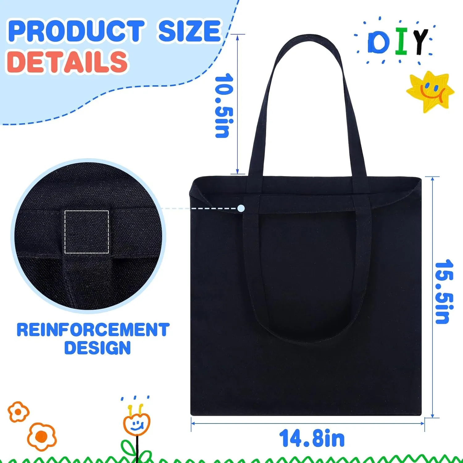 2 | 4 | 6 | 7 | 14 | 18 Pcs Canvas Tote Bags, Natural Color Tote Bags 15 x 16 inch Sustainable Eco Friendly reusable, for Grocery Bags, DIY Gift Bags, Shopping Bags (18 Pcs Black)