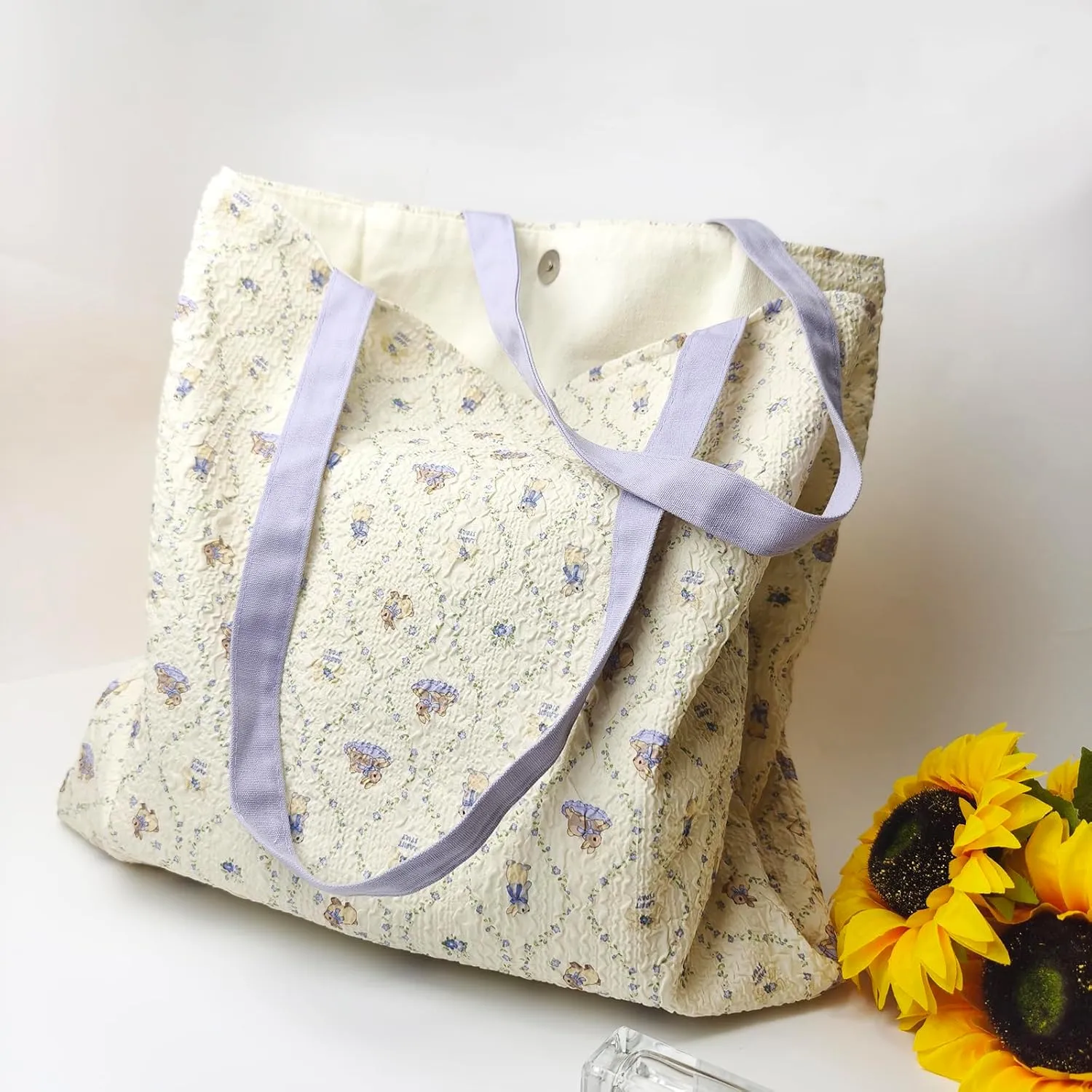 2-Layer Canvas Cute Book Tote Bag for Women, Small Library Aesthetic Cotton Cloth Shoulder Reusable Grocery Bag