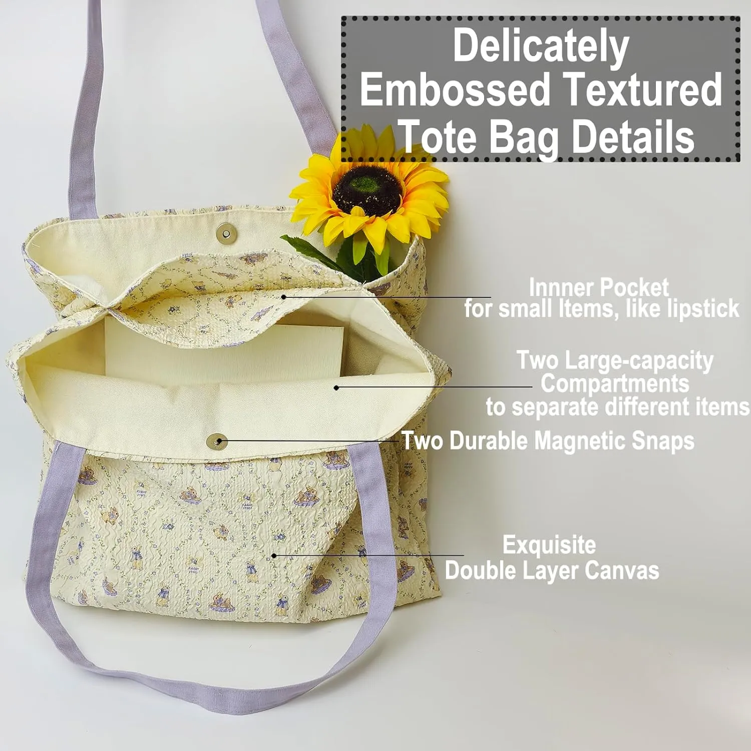 2-Layer Canvas Cute Book Tote Bag for Women, Small Library Aesthetic Cotton Cloth Shoulder Reusable Grocery Bag