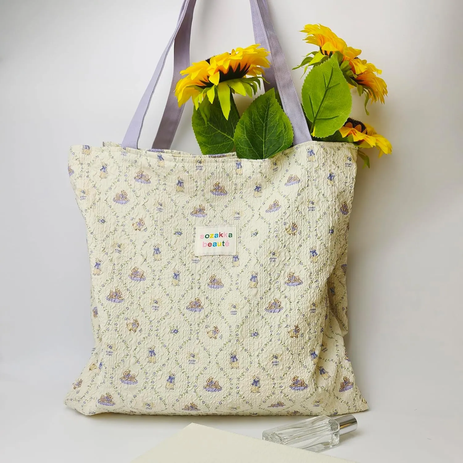 2-Layer Canvas Cute Book Tote Bag for Women, Small Library Aesthetic Cotton Cloth Shoulder Reusable Grocery Bag