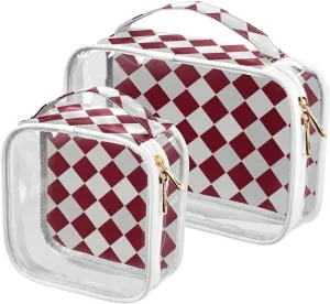 2 Pack clear Tradiction Maroon Red Checkered Plaid travel bag toiletry TSA approved multifunctional bags for women Airport Airline Compliant