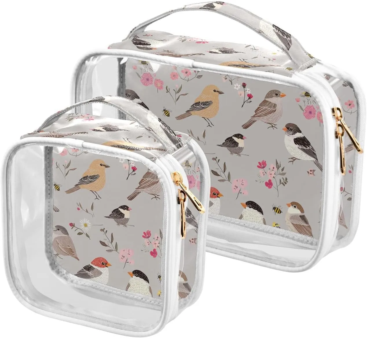 2 Pack clear travel toiletry kit TSA approved portable makeup bag organizer travel essential House Sparrow Birds Silver