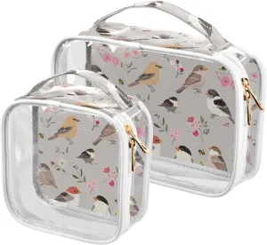 2 Pack clear travel toiletry kit TSA approved portable makeup bag organizer travel essential House Sparrow Birds Silver