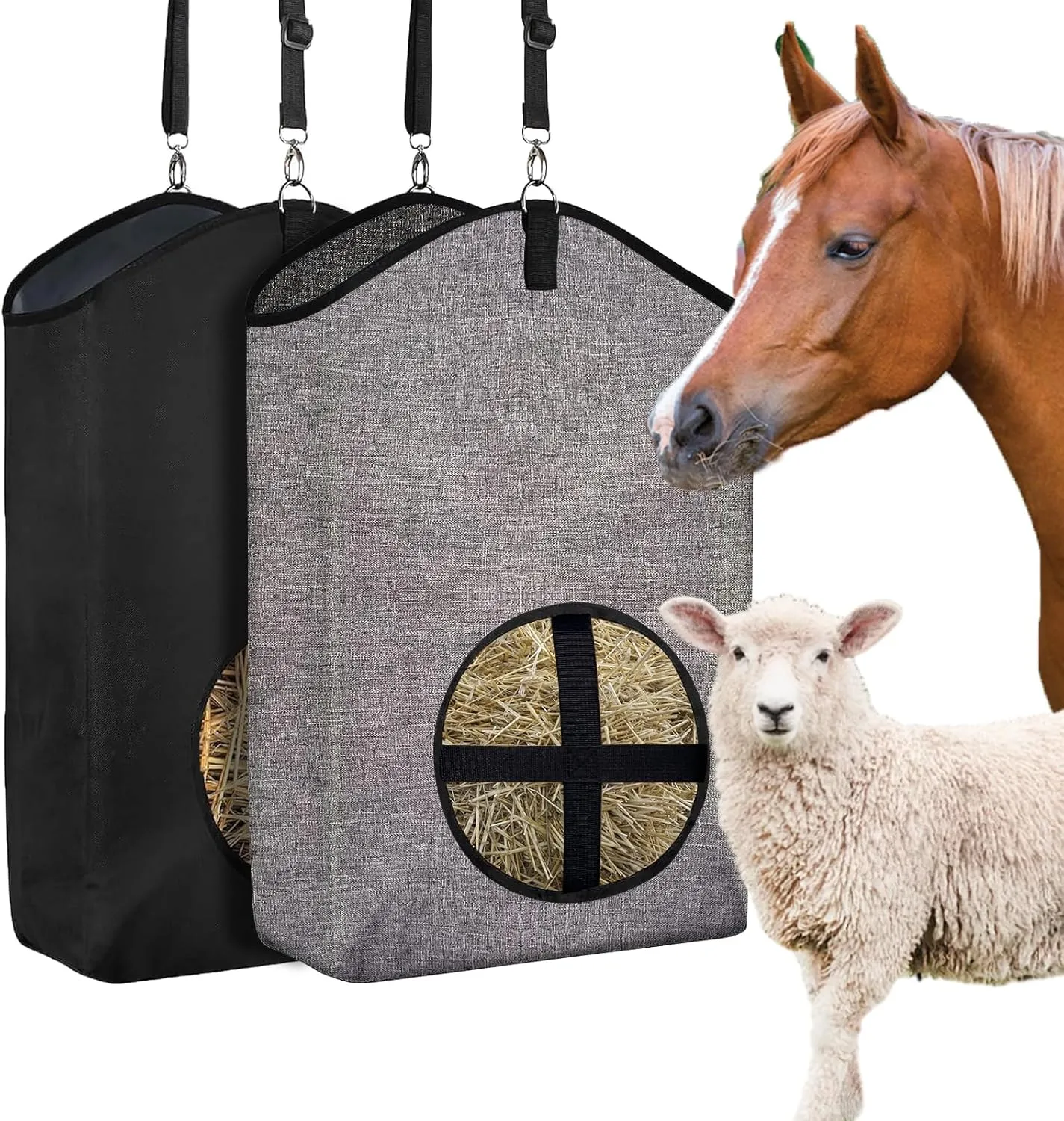 2 Pack Horse Slow Feed Hay Bag Goat Hay Feeder with Metal Fastener and Heavy Adjustable Strap fo Slow Feeding