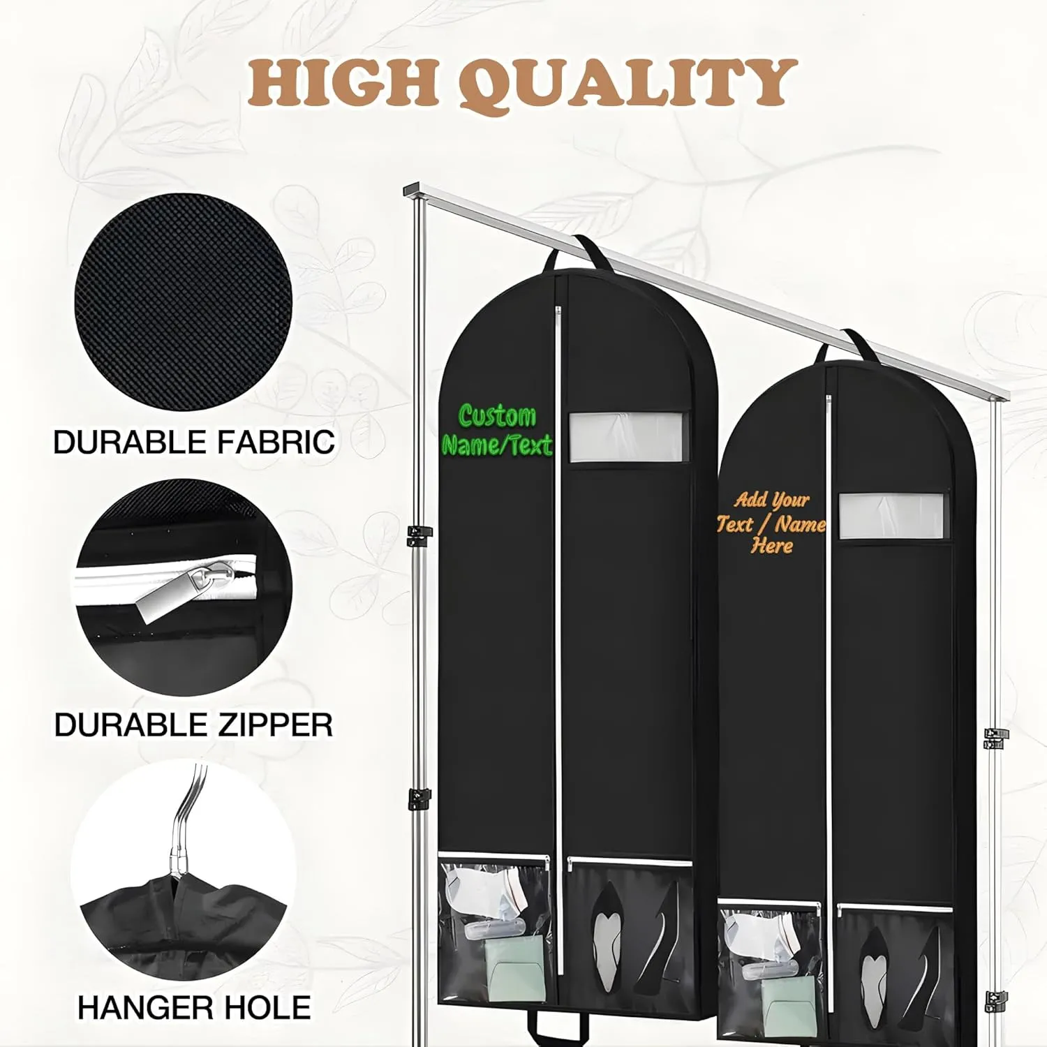 [2 Pack] Personalized Cheer Uniform Covers - Custom Garment Bags with Clear Window Embroidered Team Name with 2 Quick-Access Pockets, Travel Hanging Bags Clergy Outfits Suit Bag for Closet Storage
