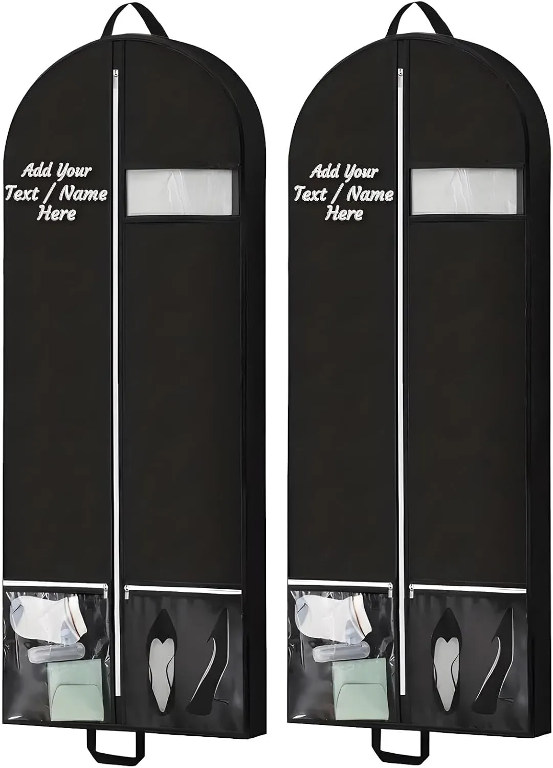 [2 Pack] Personalized Cheer Uniform Covers - Custom Garment Bags with Clear Window Embroidered Team Name with 2 Quick-Access Pockets, Travel Hanging Bags Clergy Outfits Suit Bag for Closet Storage