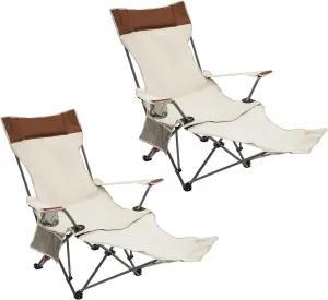 2 Pack Reclining Camping Chair with Removable Footrest and Headrest, 4 Positions Adjustable Folding Lounge Chair Oxford Cloth Beach Lounge Chair, Portable Camping Folding Chairs for Outside
