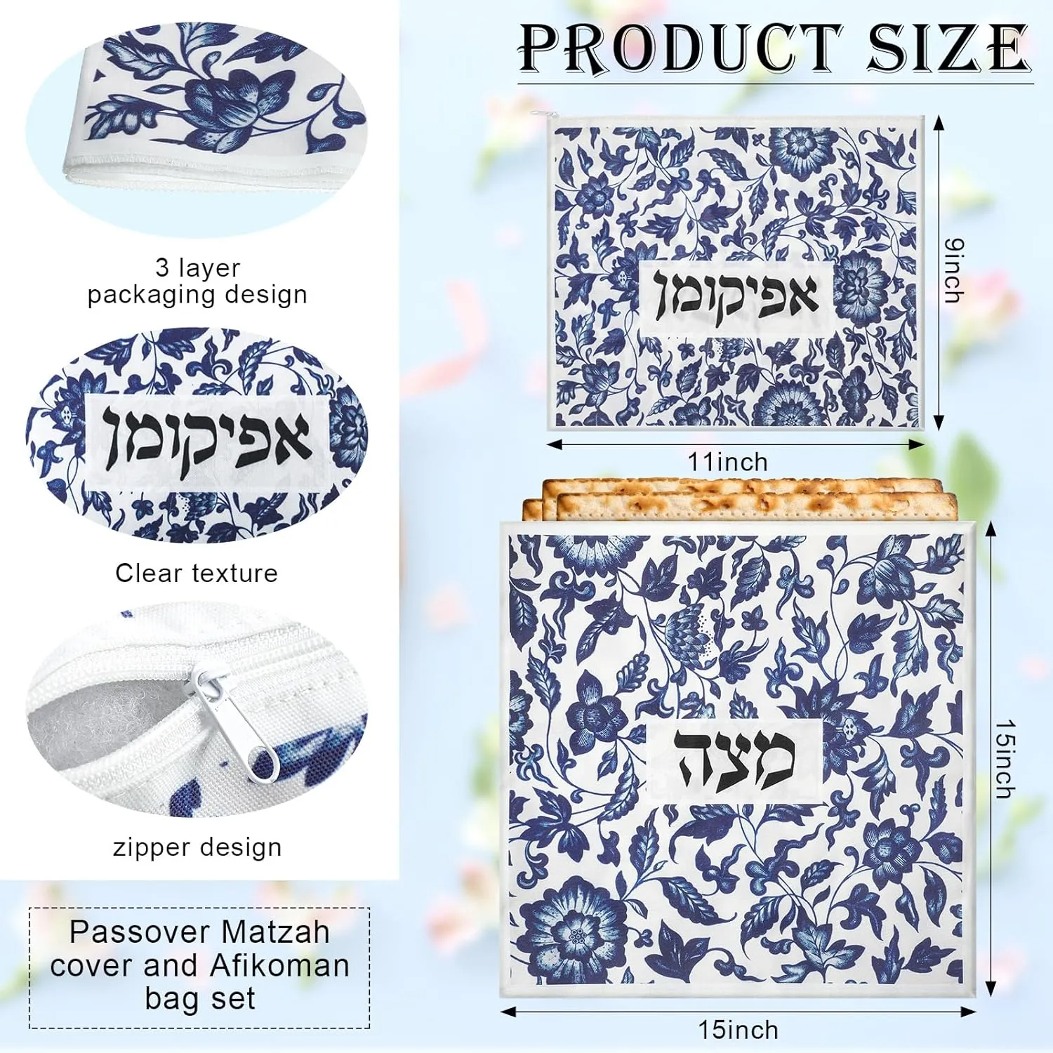 2 Pcs Passover Afikoman Bags set Passover Seder Afikomen Holder Rustic Matzah Afikoman Cover Bags with 3 Layers Compartment for Pesach Jewish Holiday Party Decor Gifts (Porcelain)