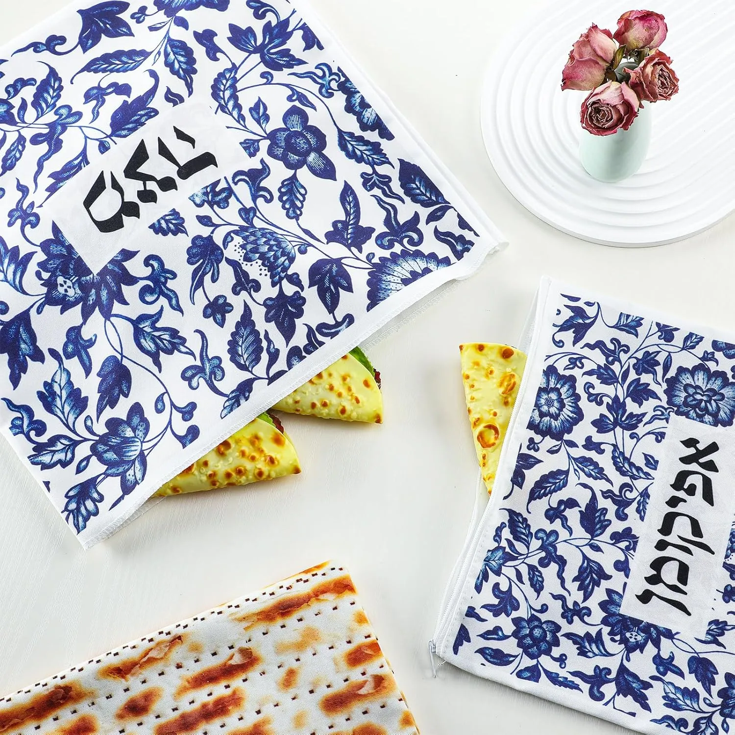 2 Pcs Passover Afikoman Bags set Passover Seder Afikomen Holder Rustic Matzah Afikoman Cover Bags with 3 Layers Compartment for Pesach Jewish Holiday Party Decor Gifts (Porcelain)
