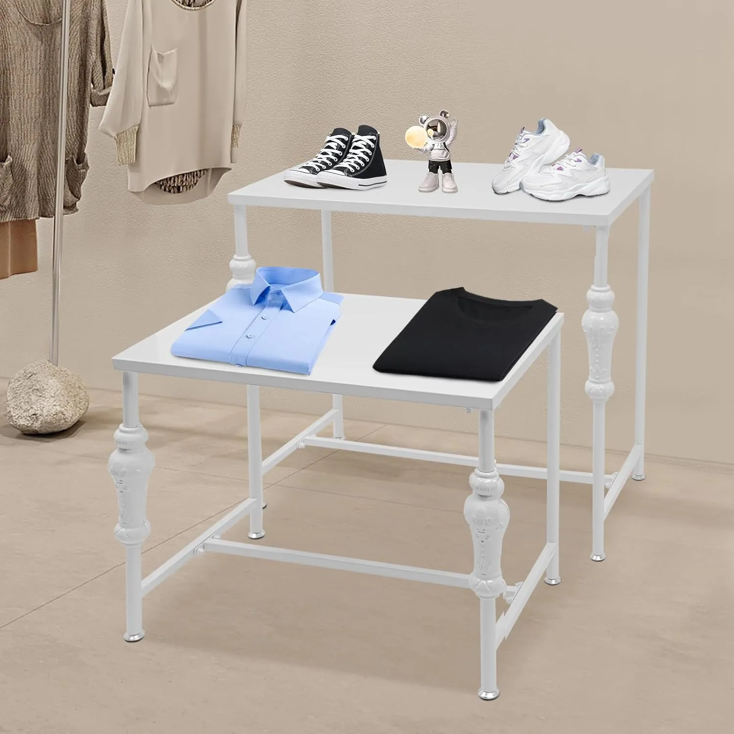 2 Pcs Retail Display Table White Retail Table Metal Shoe Display Stand Garment/Handbag Display Stand Display Tables for Retail Stores Retail Nesting Tables