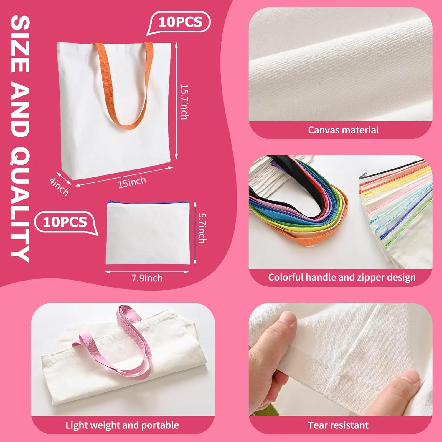 20 Pack Sublimation Blanks Tote Bags, MAFYE Reusable Grocery Bags DIY Heat Transfer Canvas Tote Bags Cosmetic Makeup Bags Shopping Bags W/Customized Color for DIY, Advertising, Christmas Craft Present