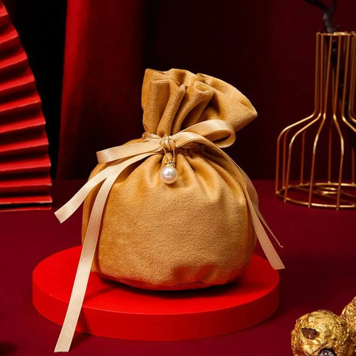 20 Pcs Round Bottom Drawstring Velvet Gift Bags Jewelry Pouches with Pearl Bead,for Wedding Favors,Christmas,Party Favors,Birthday,Champagne
