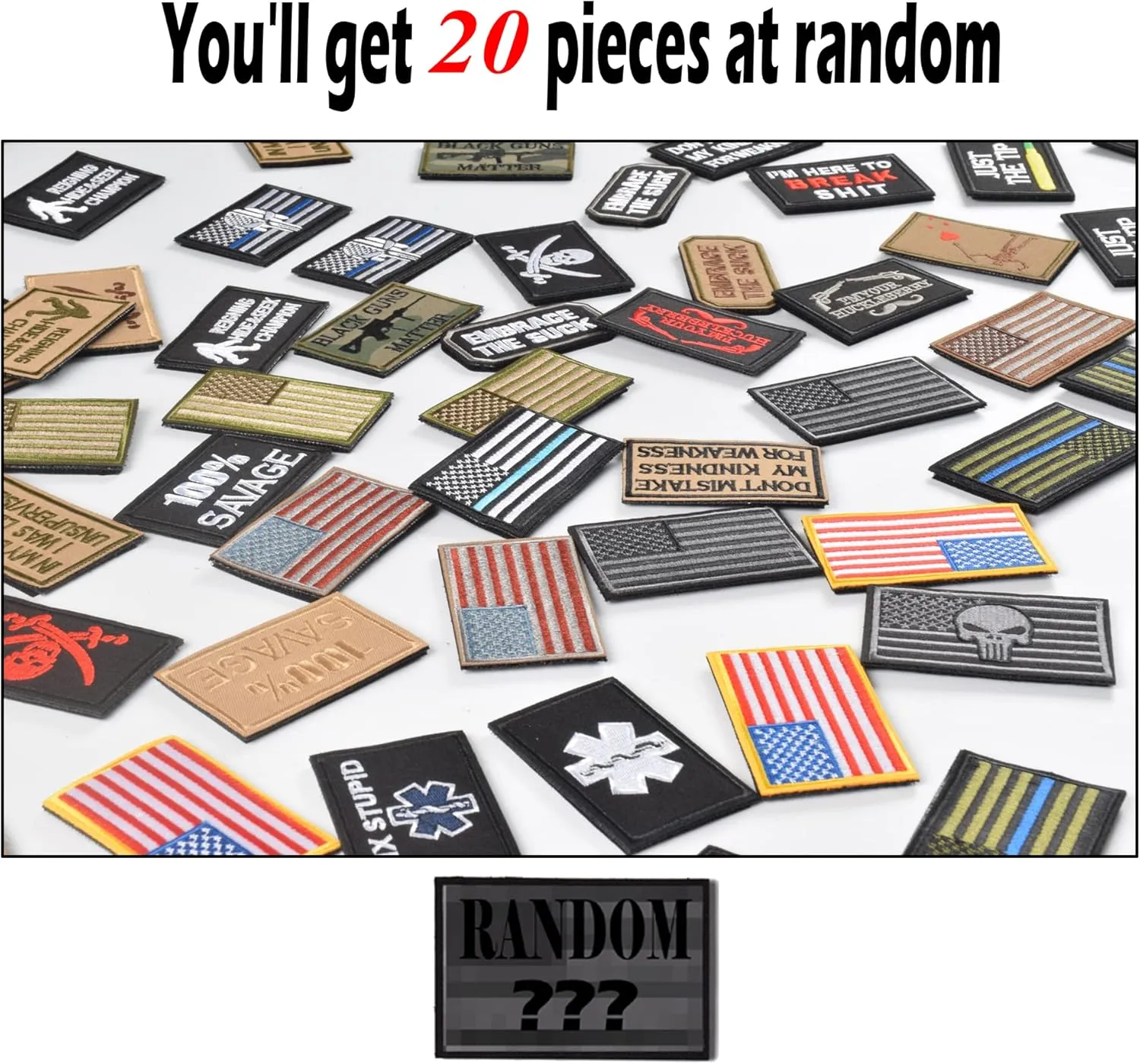 20 Pieces Random Tactical Morale Patch Bundle, Full Embroidery Loop and Hook Patches Set for Caps, Bags, Backpacks, Vest, Military Uniforms,Tactical Gears Etc