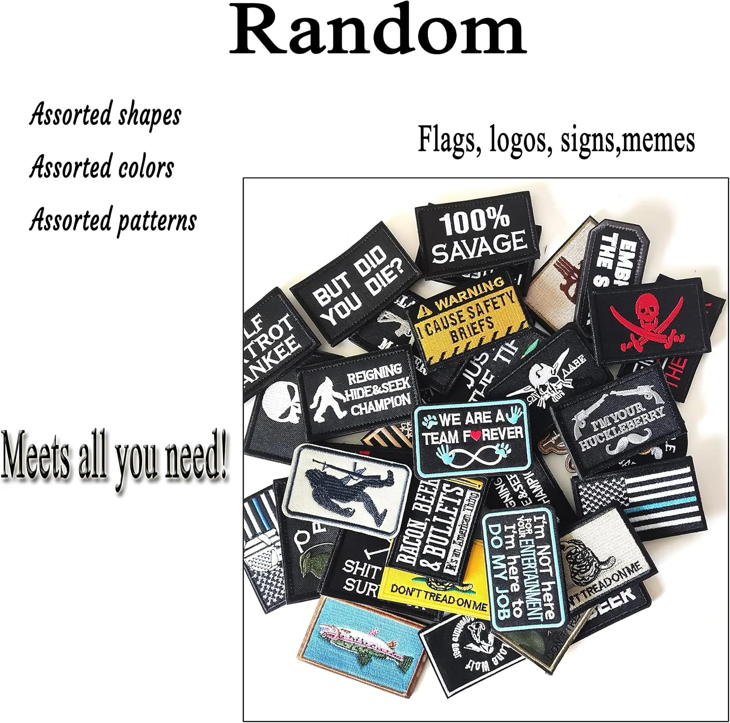 20 Pieces Random Tactical Morale Patch Bundle, Full Embroidery Loop and Hook Patches Set for Caps, Bags, Backpacks, Vest, Military Uniforms,Tactical Gears Etc