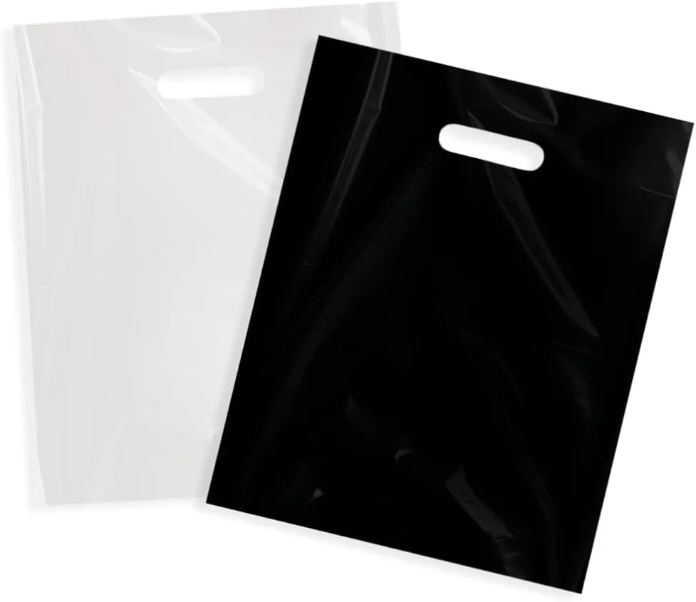 200 9"X12" Black and White Merchandise Bags, Die Cut Handles, Strong, Durable, and Tear Resistant Bags Perfect for Retail, Boutiques, or Any Events
