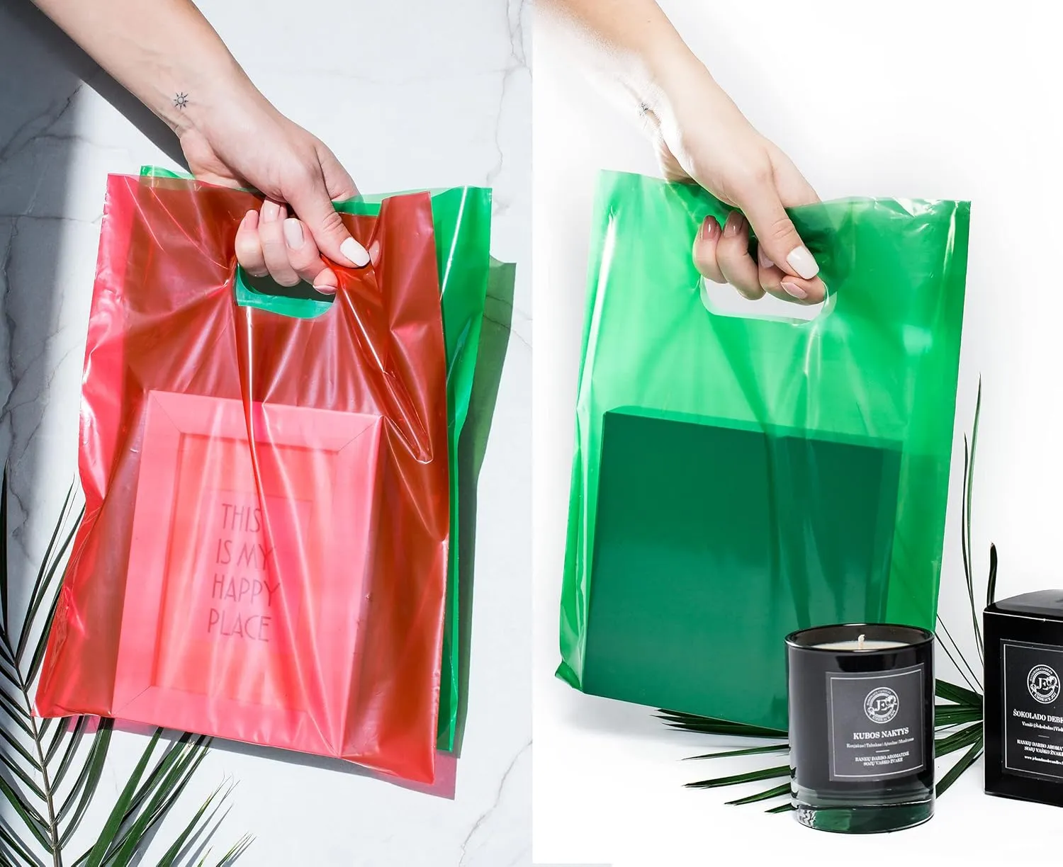200 Red & Green Merchandise Bags1.5Mil Thick 100 Red and 100 Green 9"x12" Glossy Suitable for Retail And Boutique With Handles