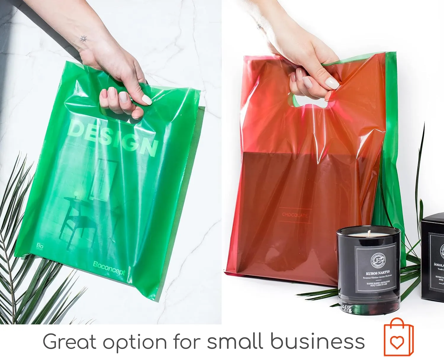 200 Red & Green Merchandise Bags1.5Mil Thick 100 Red and 100 Green 9"x12" Glossy Suitable for Retail And Boutique With Handles