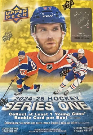 2024-2025 Upper Deck Series One Hockey NHL Trading Card Blaster Box (1 Young Guns Rookie Card and 1 Blaster Exclusive Green Dazzler Card! Per Box)