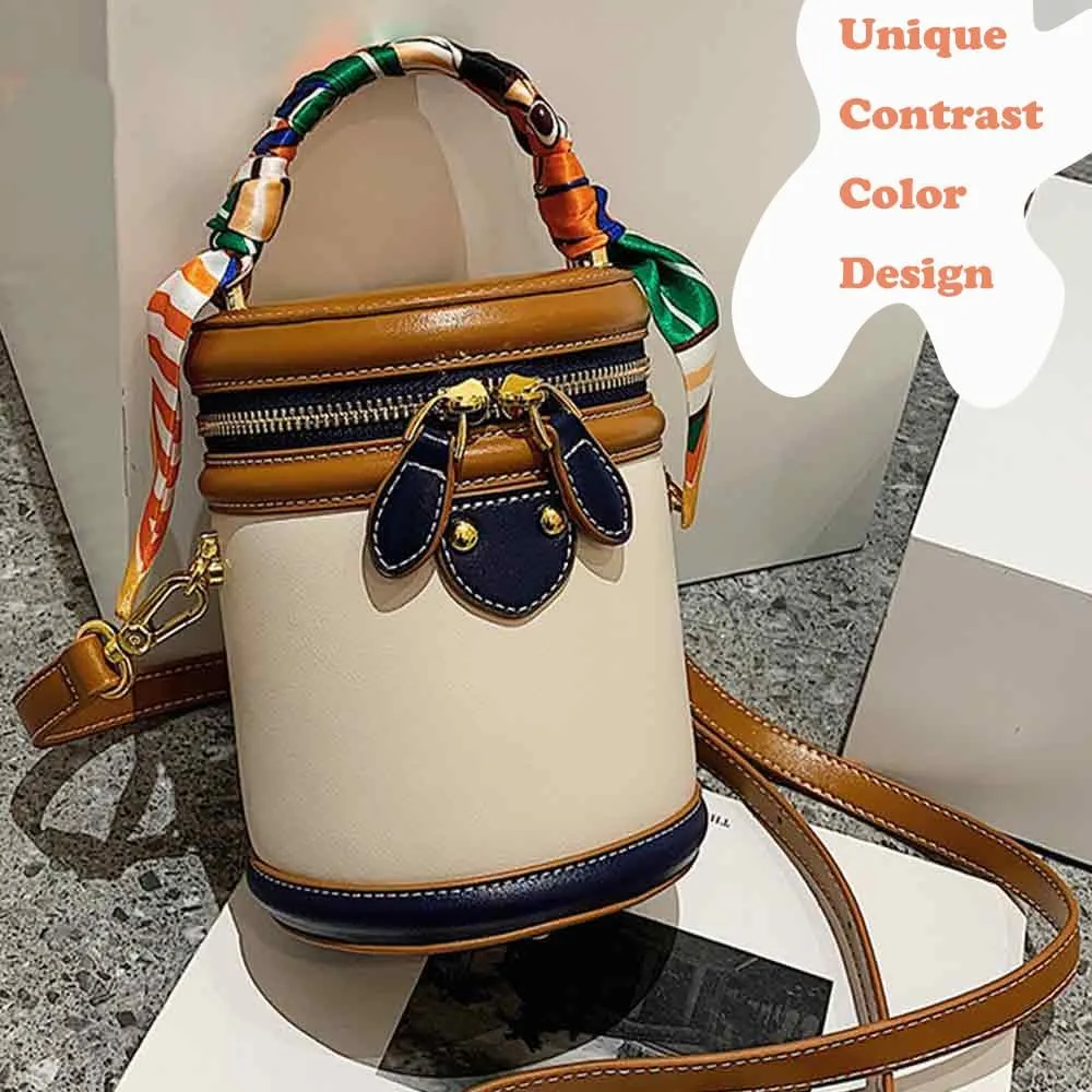 2025 New Leather Colorblock-Bucket Bag for Women, Adjustable Colorblock Bucket Bag Casual, Fashion Versatile Crossbody Bags