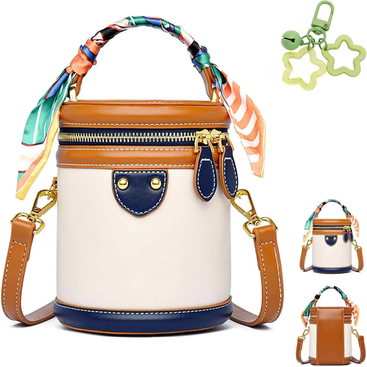 2025 New Leather Colorblock-Bucket Bag for Women, Adjustable Colorblock Bucket Bag Casual, Fashion Versatile Crossbody Bags